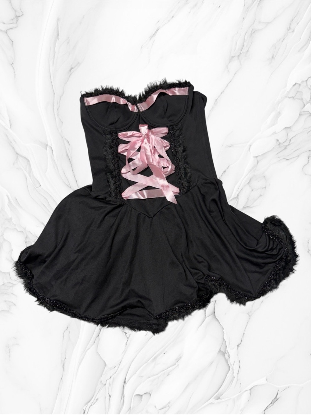 Black & Pink Satin-Trim Babydoll Lingerie sexy kitten dress costume S/M
